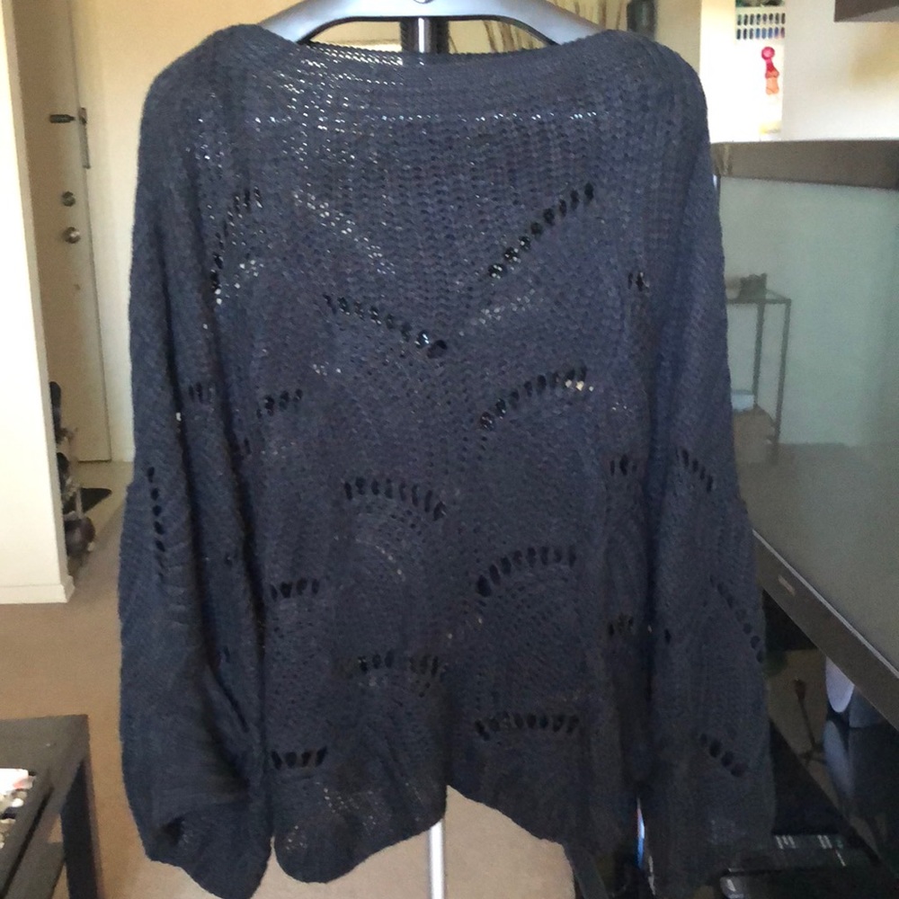 SHEIN Black Lantern Sleeve Hollow Sweater
